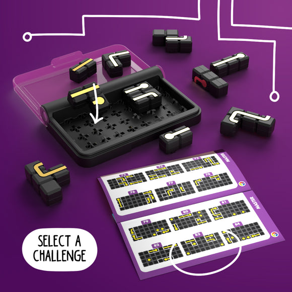 The IQ Circuit puzzle from Smart Toys & Games features a black base with removable, colorful mechanical pieces arranged in various configurations. Challenge cards are displayed alongside, offering different puzzle scenarios to solve, aimed at enhancing logic and problem-solving skills.