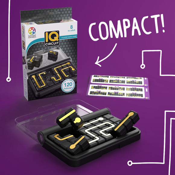 IQ Circuit by Smart Toys & Games is a mechanical puzzle game designed for ages 8 and up. The image shows the compact game box with pieces arranged on a tray, featuring intricate pathways, alongside challenge cards that present 120 different puzzles. The design highlights its engaging gameplay, perfect for solo play.