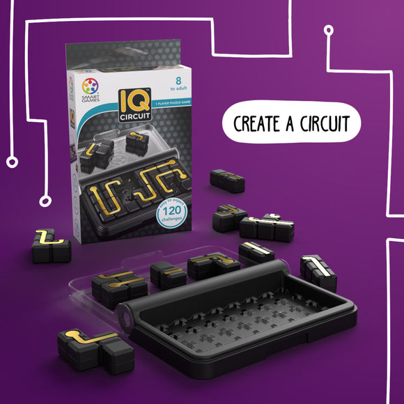 The IQ Circuit puzzle by Smart Toys & Games features a compact game board with pieces designed to create intricate circuit paths. The packaging showcases the puzzle's 120 challenges and is suitable for ages 8 and up. The black and yellow connectors invite players to engage their minds in a playful and stimulating way.