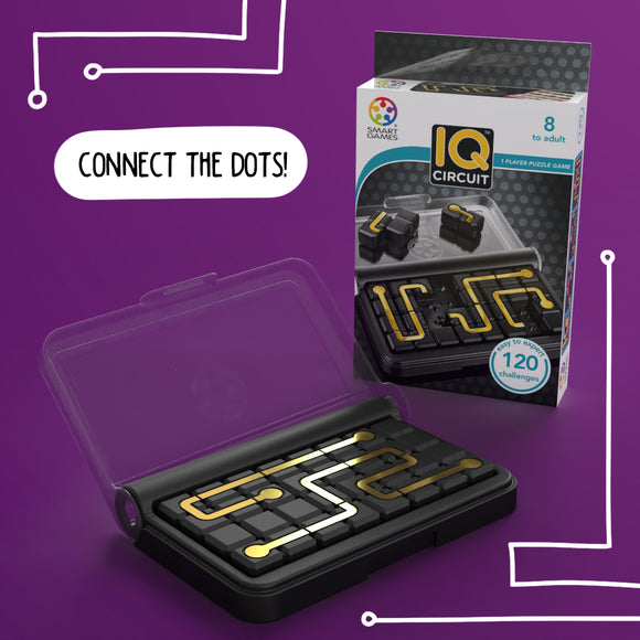 The IQ Circuit is a mechanical puzzle game by Smart Toys & Games. It features a sleek black puzzle board with yellow connecting pieces that challenge players to create circuits. The game comes in a clear box and includes 120 different challenges suitable for ages 8 and up.