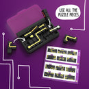 The IQ Circuit, a mechanical puzzle by Smart Toys & Games, features an assortment of black and yellow puzzle pieces arranged in a portable case. The set includes challenge cards to test and enhance problem-solving skills, showcasing intricate paths that pieces must connect to successfully solve the puzzle.