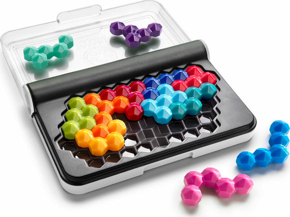 IQ Six Pro by Smart Toys & Games is a colorful mechanical puzzle consisting of interlocking pieces in various shapes, designed for challenging brain exercises. The puzzle features a transparent case holding multiple colorful pieces that can be arranged in different configurations to solve unique challenges.