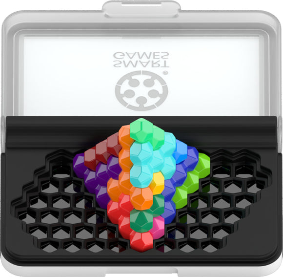 The IQ Six Pro by Smart Toys & Games features a colorful, mechanical puzzle with hexagonal pieces arranged in a 3D pyramid shape. The puzzle is housed in a transparent case that showcases its vibrant design, emphasizing its engaging and challenging nature.