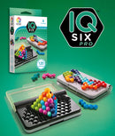 The IQ Six Pro from Smart Toys & Games features a mechanical puzzle setup with colorful hexagonal pieces arranged in a 3D structure. The puzzle is designed for one player aged 8 and above, presenting 120 unique challenges. The packaging showcases the game and includes bright, engaging colors that highlight its interactive nature.