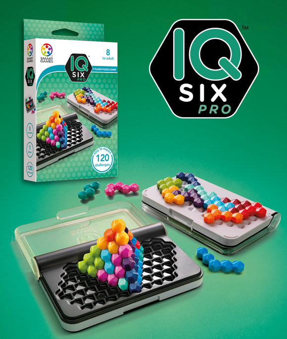 The IQ Six Pro from Smart Toys & Games features a mechanical puzzle setup with colorful hexagonal pieces arranged in a 3D structure. The puzzle is designed for one player aged 8 and above, presenting 120 unique challenges. The packaging showcases the game and includes bright, engaging colors that highlight its interactive nature.