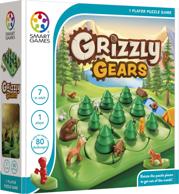 Grizzly Gears by Smart Toys & Games is a colorful mechanical puzzle game designed for one player. It features various animal figurines and green tree pieces set against a scenic woodland backdrop. The game includes a base with puzzle pieces shaped as trees and paths, challenging players to strategically rotate and arrange pieces to navigate the animals out of the woods. Recommended for players aged seven and up, with 80 unique challenges to solve.