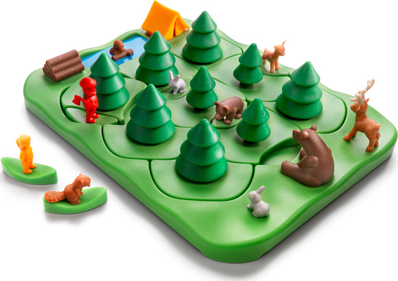 Grizzly Gears mechanical puzzle by Smart Toys & Games featuring a colorful forest landscape with green trees and various animal figures including bears, rabbits, and deer. Accompanied by playful characters in camping attire, the puzzle encourages strategic thinking and problem-solving skills as players navigate through the interactive scenery.