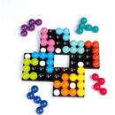 Quadrillion by SmartGames is an engaging mechanical puzzle featuring colorful, interlocking plastic pieces. The puzzle includes several grids with holes and spheres in various colors, such as blue, pink, green, orange, and purple, designed to challenge spatial reasoning and problem-solving skills. It is perfect for both solo play and competitive fun among friends and family.