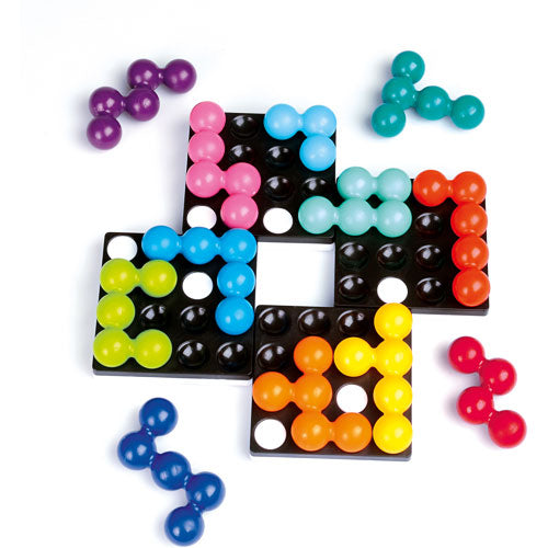 Quadrillion by SmartGames is a colorful mechanical puzzle game. It features bright, detachable pieces in various shapes and colors, arranged on a black grid. Players can challenge themselves by connecting pieces strategically to solve patterns, offering an engaging mental exercise suitable for all ages.