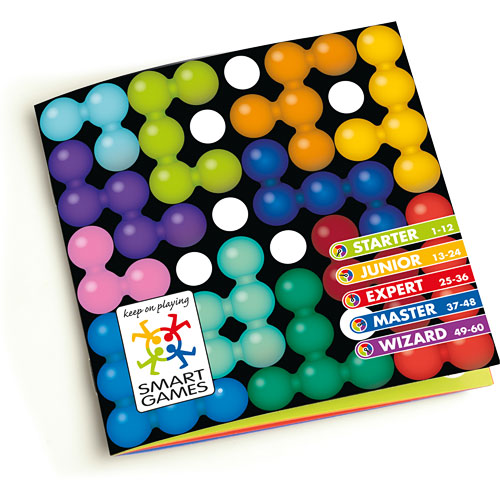 Quadrillion by SmartGames is a colorful mechanical puzzle featuring various colored pieces arranged on a black background. It includes levels of play categorized into Starter, Junior, Expert, Master, and Wizard, indicating the increasing difficulty to solve the puzzle. Ideal for enhancing spatial reasoning and problem-solving skills in players of all ages.