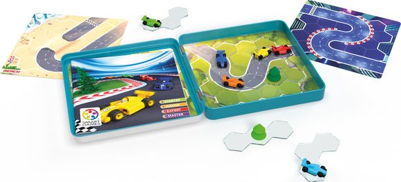 Pole Position by Smart Toys & Games is a mechanical puzzle game featuring colorful race cars and a variety of modular track pieces. The game comes in a teal container with instructions for Starter, Junior, Expert, and Master levels. The set includes a vibrant racecourse layout and hexagonal road pieces for engaging strategy and skill development.