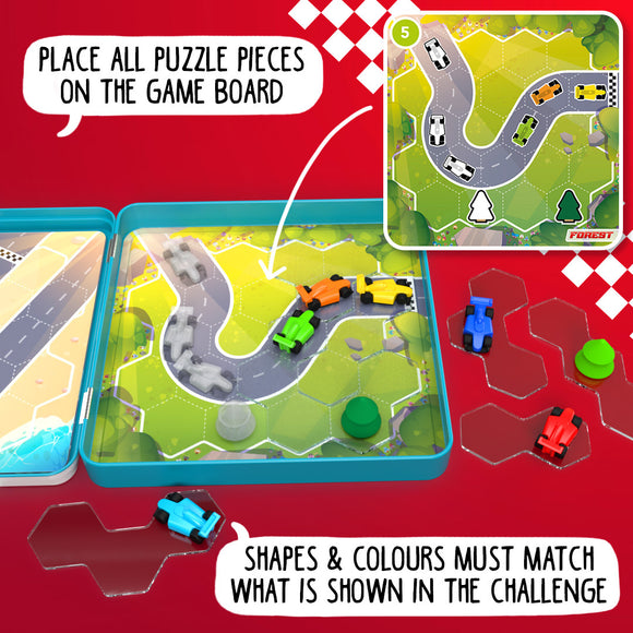 Pole Position by Smart Toys & Games is a mechanical puzzle that challenges players to place colorful puzzle pieces and race cars on the game board according to the challenge card. The game features a vibrant, illustrated track and hexagonal puzzle pieces that must match in shape and color to complete the challenge. Ideal for engaging critical thinking and problem-solving skills, it's perfect for players of all ages.