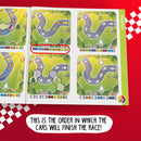 Pole Position mechanical puzzle by Smart Toys & Games. The image features a colorful racing game layout with hexagonal track segments. Several cars are shown in a specified finishing order, alongside scenic backgrounds including trees and checkered flags. The puzzle promotes logic and strategy skills for players.
