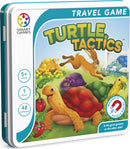 Turtle Tactics is a mechanical puzzle game designed for 1 player aged 5 and up. The travel game features colorful turtles navigating through a vibrant garden, with 48 challenges that enhance strategic thinking. The compact case makes it perfect for on-the-go play, and it includes magnetic puzzle pieces for engaging gameplay. The illustration shows turtles in a lush setting with flowers and a playful rabbit, highlighting its fun and educational nature.