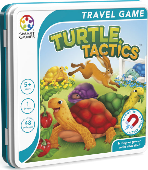 Turtle Tactics is a mechanical puzzle game designed for 1 player aged 5 and up. The travel game features colorful turtles navigating through a vibrant garden, with 48 challenges that enhance strategic thinking. The compact case makes it perfect for on-the-go play, and it includes magnetic puzzle pieces for engaging gameplay. The illustration shows turtles in a lush setting with flowers and a playful rabbit, highlighting its fun and educational nature.