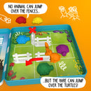 Turtle Tactics is a mechanical puzzle game featuring colorful turtle and hare figures. The game board is set with a grid, showing strategic paths and fences. An orange hare figure is positioned on the board, indicating movement options over turtles while fences obstruct other animals. The vibrant design and playful characters engage players in a tactical challenge.