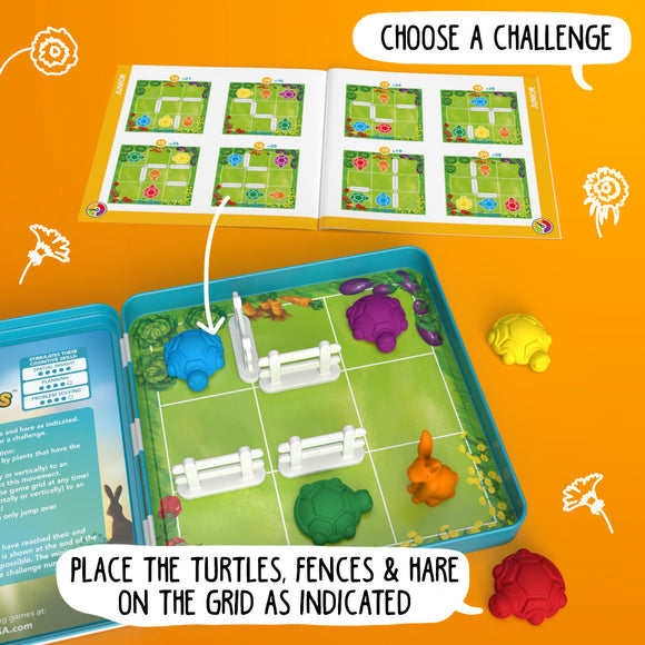 Turtle Tactics by Smart Toys & Games is a colorful mechanical puzzle. The image features a game board with colored turtles, fences, and a hare. An open instruction booklet showcasing various challenges is included, inviting players to strategize and solve puzzles. The setup illustrates the importance of positioning and problem-solving, appealing to both young and experienced puzzle enthusiasts.