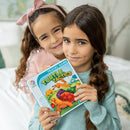 Two children smiling while holding the Turtle Tactics game by Smart Toys & Games. The colorful game box features animated turtles and other characters, perfect for travel.