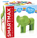 The Smartmax My First Animal Elephant features a bright green elephant toy designed for children ages 1-5. The packaging showcases the elephant alongside colorful magnetic pieces, promoting imaginative play and early learning.