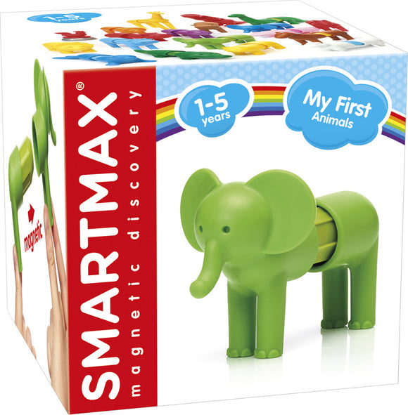 The Smartmax My First Animal Elephant features a bright green elephant toy designed for children ages 1-5. The packaging showcases the elephant alongside colorful magnetic pieces, promoting imaginative play and early learning.