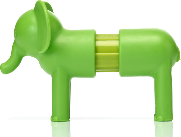 A bright green toy elephant designed for young children. The elephant's body is split into two sections, showcasing its unique, interlocking design. Ideal for imaginative play and motor skills development.