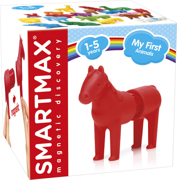 Smartmax My First Animal Horse toy featuring a bright red horse figure designed for children aged 1-5 years. Part of a magnetic discovery set by Smart Toys & Games, this engaging toy helps young children develop fine motor skills and creativity.