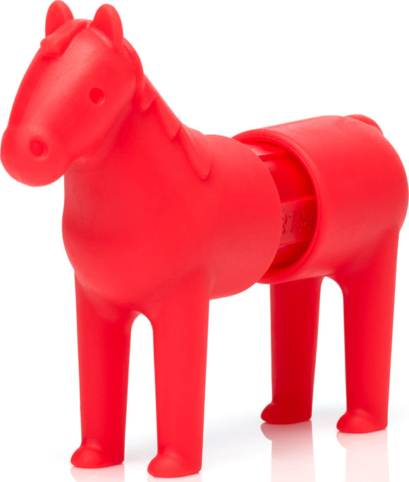 Bright red plastic toy horse designed for toddlers, featuring a smooth finish and rounded edges for safe play. Perfect for early learning and imaginative play.
