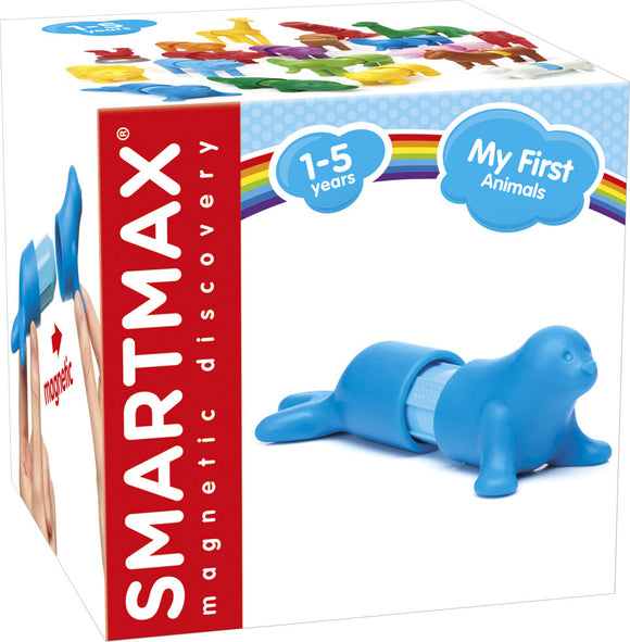 Smartmax My First Animal Seal toy in blue color. The toy features a seal design with a detachable magnetic body. The packaging showcases various colorful animals, indicating it is suitable for children aged 1-5. The product emphasizes magnetic discovery, encouraging creative play.