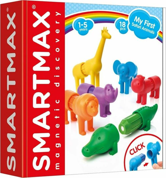 A colorful DIY kit featuring various magnetic safari animal figures. The set includes a giraffe, elephant, lion, and crocodile made from vibrant plastic pieces that interlock. Ideal for children aged 1-5, the kit encourages imaginative play and fine motor skills development.