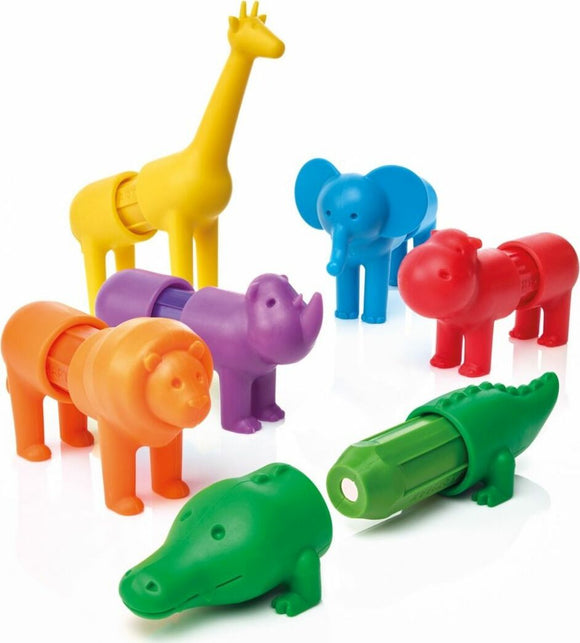A colorful collection of Safari Animals toy figures, including a yellow giraffe, blue elephant, orange lion, purple rhinoceros, red hippopotamus, and green crocodile, designed for young children. Each animal has a unique shape with movable parts, encouraging imaginative play and motor skills development.