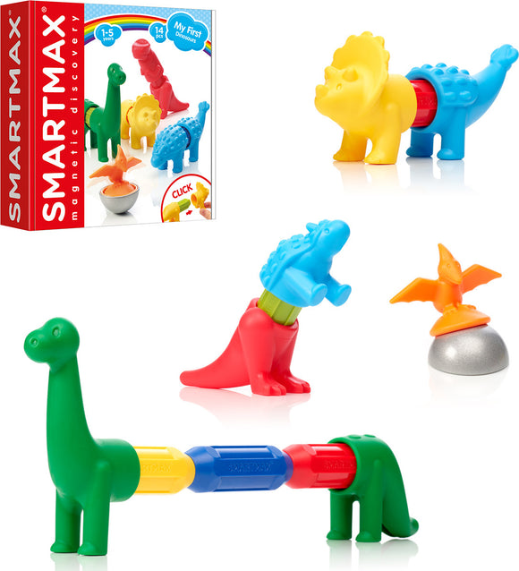 My First Dinosaurs is a colorful 14-piece magnetic discovery set by Smart Toys & Games. It features playful dinosaur figures in vibrant colors, including a green brontosaurus, a red T-rex, and a yellow triceratops, designed for children aged 1-5. The box includes interlocking pieces that encourage imaginative play and help develop fine motor skills.