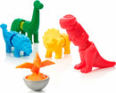 Colorful dinosaur figures in bright plastic, including a red T-Rex, blue stegosaurus, yellow triceratops, green brontosaurus, and an orange pterosaur in a silver base. Ideal for young children, promoting imaginative play.