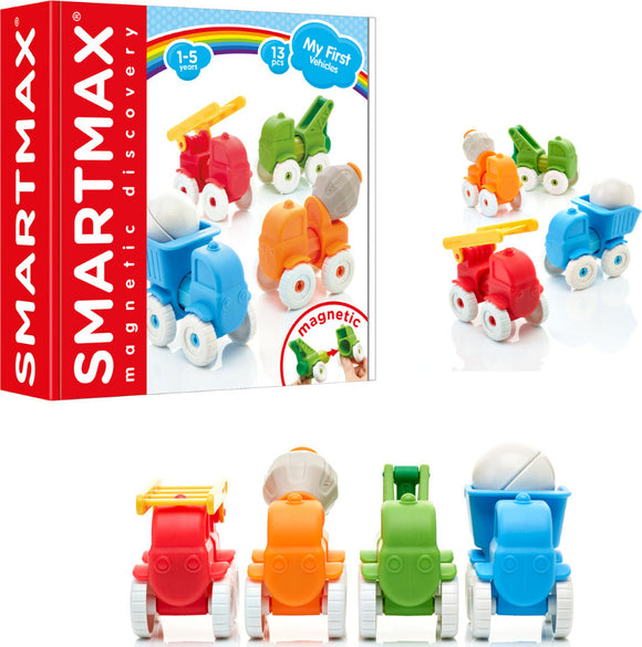 Smartmax: My First Vehicles is a colorful playset featuring 13 magnetic toy vehicles, designed for children aged 1-5. The set includes various trucks and construction vehicles with easy-to-magnetize parts, enhancing fine motor skills and imaginative play. The bright colors and friendly designs make it perfect for toddlers learning through play.