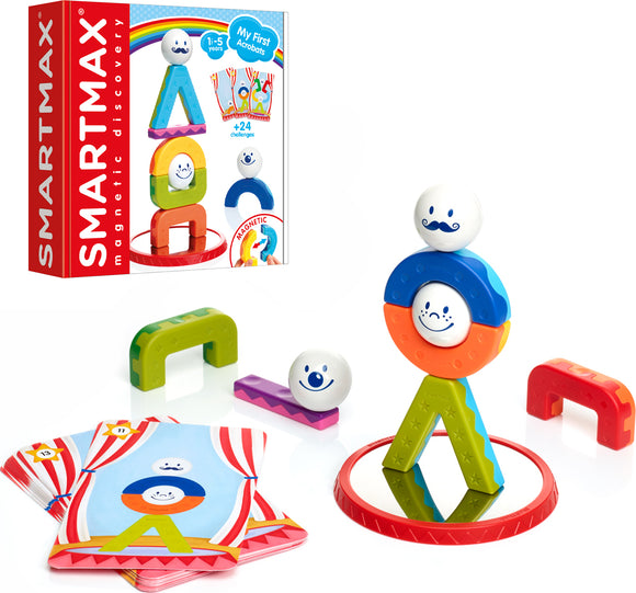 Smartmax My First Acrobats toy set featuring colorful magnetic building pieces and friendly clown characters. Includes various shapes and cards for 24 stacking challenges. Perfect for toddlers aged 1-5 to enhance fine motor skills and creativity.