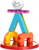 Colorful stacking toy featuring a smiling character balanced on top of vibrant, uniquely shaped blocks. The design showcases different colors and patterns, ideal for encouraging imaginative play and fine motor skills in young children.
