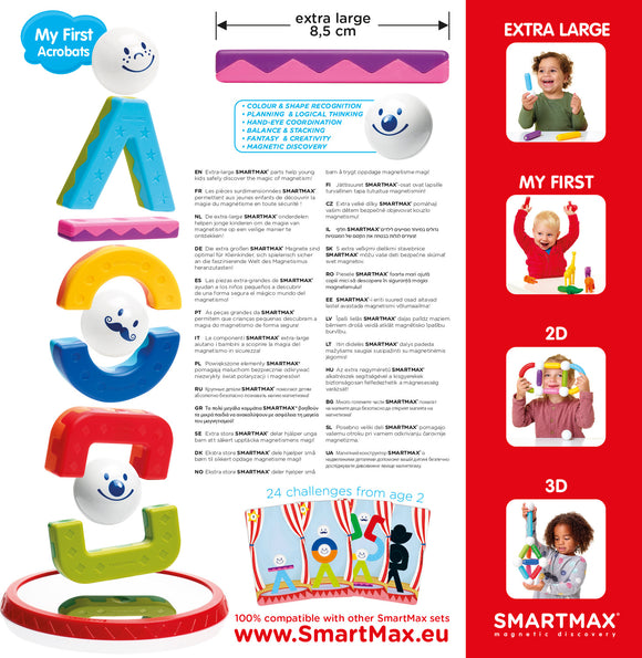 Smartmax My First Acrobats set featuring colorful extra-large magnetic pieces designed for young children. The kit includes a variety of shapes and characters that can be balanced and stacked, promoting color and shape recognition, hand-eye coordination, and imaginative play. Perfect for developing early motor skills and critical thinking through engaging, magnetic discovery activities.