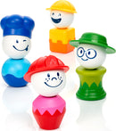 SMARTMAX My First People DIY kit featuring colorful, smiling characters in various occupations. The figures include a blue chef, a red firefighter, a green ranger, and a yellow construction worker, each with playful designs, ideal for young children to explore imaginative play.