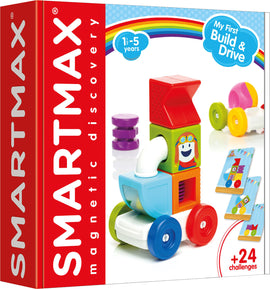 SMARTMAX My First Build & Drive is a colorful magnetic construction set designed for children aged 1.5 to 5 years. The box features a smiling character and showcases various building pieces including bright blocks and wheels. The kit encourages creativity and motor skills with over 24 challenge ideas for building and driving imaginative vehicles.