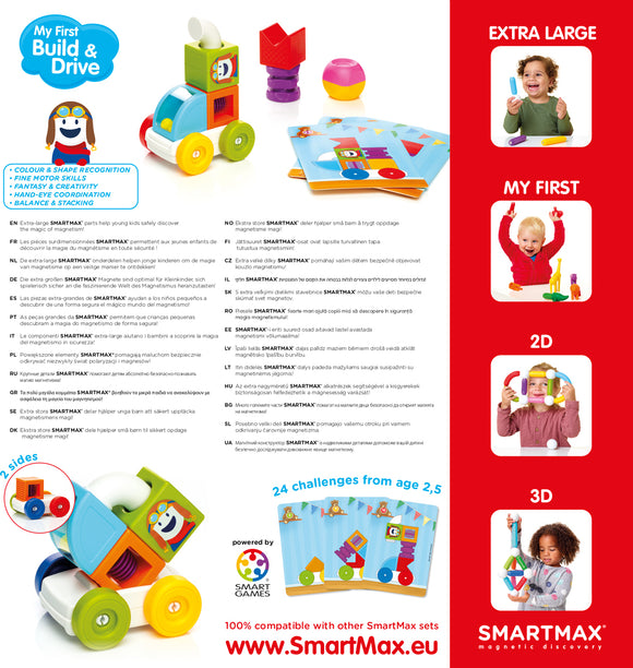 SMARTMAX My First Build & Drive set features colorful magnetic blocks that children can use to create and drive their own vehicles. The set includes various shapes and a car base, promoting fine motor skills, hand-eye coordination, and imaginative play for young children aged 2 and up.