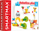 Smartmax Roboflex Large is a colorful, flexible building kit featuring magnetic components. The kit includes 20 pieces, allowing children aged 3 and up to create various fun characters and vehicles. The imaginative designs showcase bright colors like yellow, red, and blue, with playful features such as propellers and eyes, ideal for developing fine motor skills and creativity.