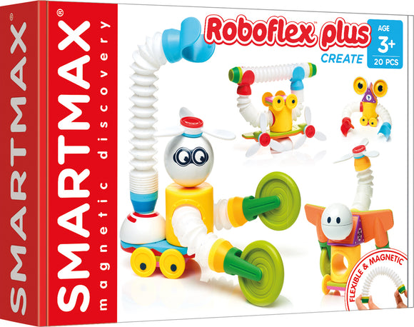 Smartmax Roboflex Large is a colorful, flexible building kit featuring magnetic components. The kit includes 20 pieces, allowing children aged 3 and up to create various fun characters and vehicles. The imaginative designs showcase bright colors like yellow, red, and blue, with playful features such as propellers and eyes, ideal for developing fine motor skills and creativity.