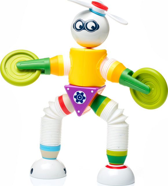 Smartmax Roboflex Large toy showcasing a colorful, adjustable robot equipped with various shapes and sizes of limbs, perfect for imaginative play. The robot has a smiling face, a propeller on its head, and holds weight-like accessories.