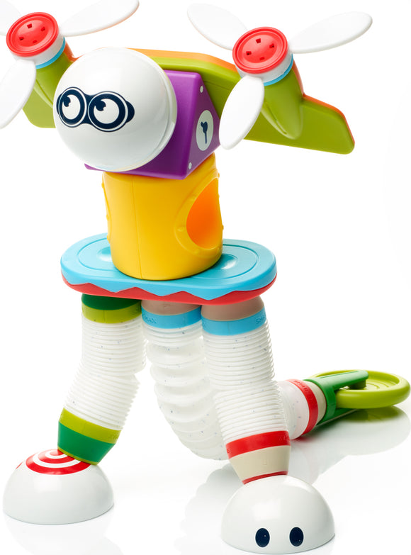 The Smartmax Roboflex Large features a colorful, playful design with a round head, two propellers, and flexible limbs made from soft, interlocking components. This creative toy encourages imaginative play and offers various building possibilities for young children, fostering fine motor skills and problem-solving.