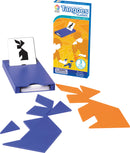 Tangoes Classic by SmartGames is a mechanical puzzle featuring colorful geometric pieces in blue and orange. The game box displays a two-player setup with cards showing different shapes to replicate. Ideal for enhancing spatial reasoning and critical thinking for ages 5 and up.