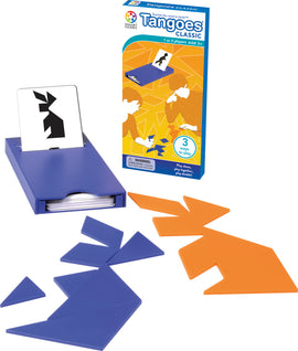 Tangoes Classic by SmartGames is a mechanical puzzle featuring colorful geometric pieces in blue and orange. The game box displays a two-player setup with cards showing different shapes to replicate. Ideal for enhancing spatial reasoning and critical thinking for ages 5 and up.