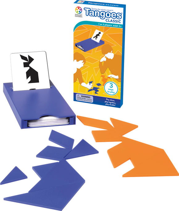 Tangoes Classic by SmartGames is a mechanical puzzle featuring colorful geometric pieces in blue and orange. The game box displays a two-player setup with cards showing different shapes to replicate. Ideal for enhancing spatial reasoning and critical thinking for ages 5 and up.