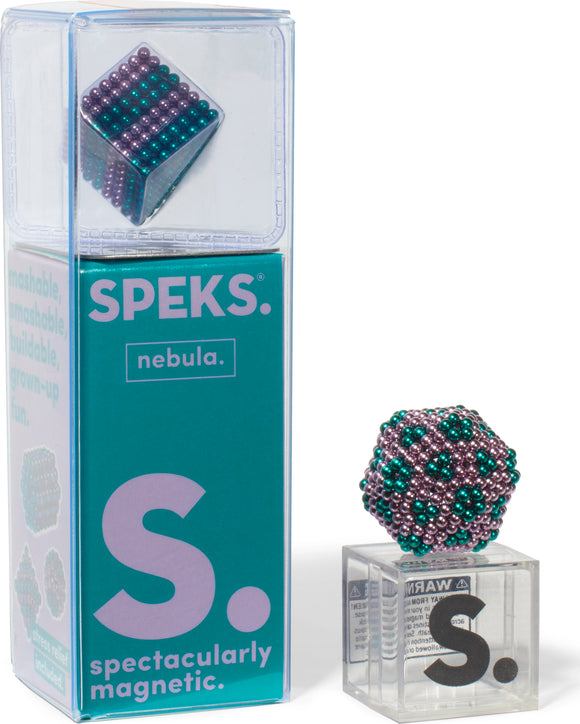 Speks Stripes Nebula by SPEKS showcases a collection of colorful magnetic beads in various sizes, designed for creative building and stress relief. The packaging features a vibrant teal background with playful graphics, highlighting the product's fun and interactive nature while the beads are displayed in an appealing geometric shape.