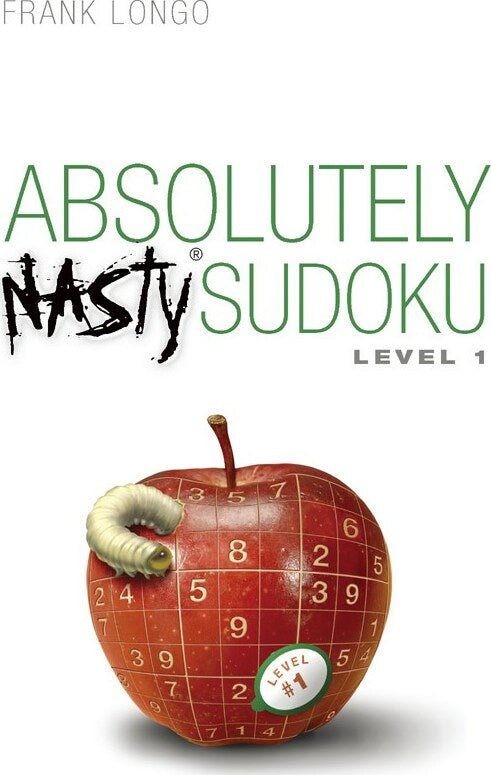 Cover of 'Absolutely Nasty Sudoku 1' featuring a red apple with a sudoku grid printed on it. The apple has a cute green worm on it, and the book title is prominently displayed in bold green and black text. The label on the apple indicates 'Level #1'.