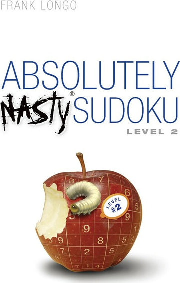 Cover of 'Absolutely Nasty Sudoku 2' featuring a red apple with a bite taken out and a caterpillar crawling on it. The title is prominently displayed in bold letters, indicating it's a challenging level 2 Sudoku puzzle book.