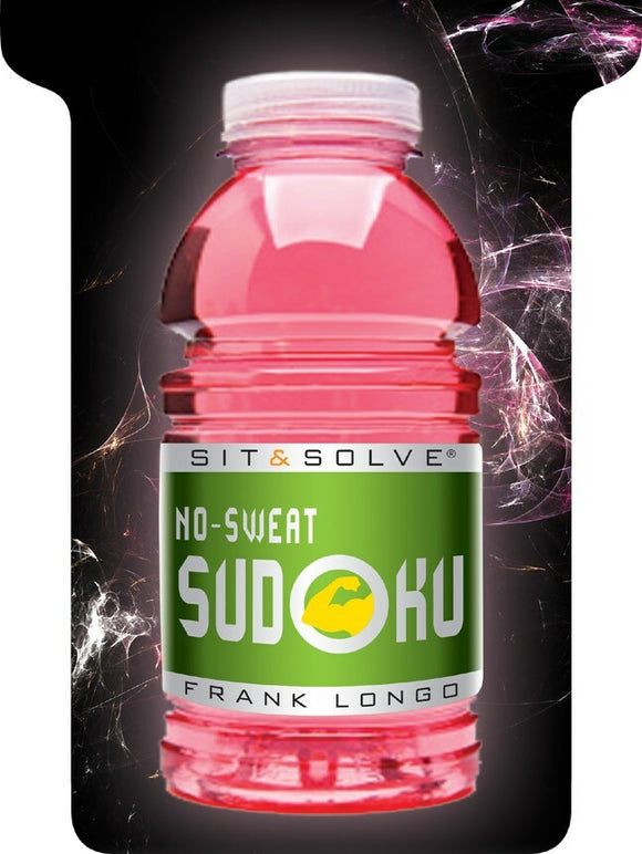 A vibrant pink bottle of Sit & Solve No-Sweat Sudoku featuring a green label. The label displays the title in bold white letters, with a circular Sudoku symbol and the author's name, Frank Longo, prominently featured at the bottom. The background is dark, enhancing the bottle's bright color.